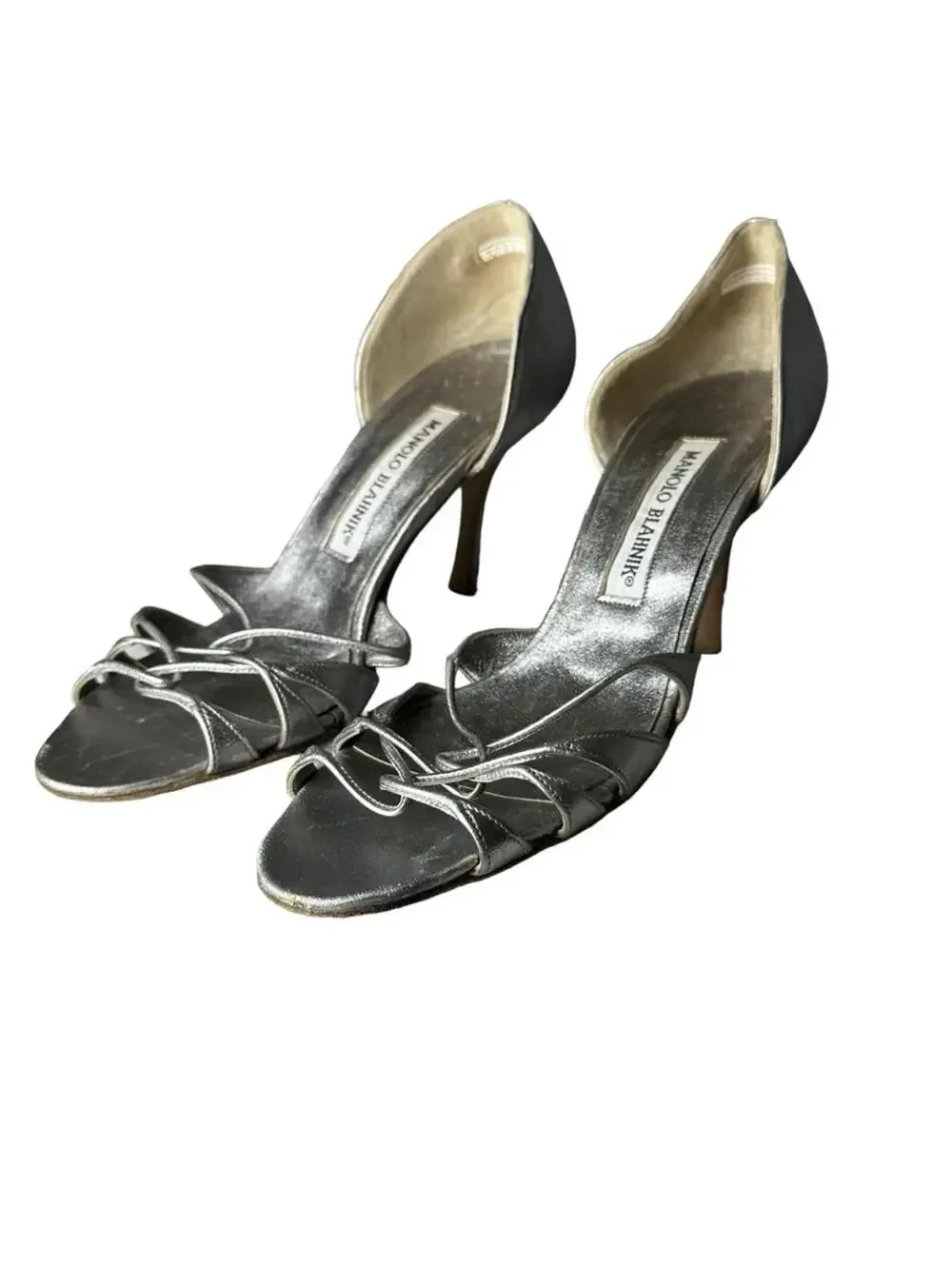 Manolo Blahnik Espinado Metallic Silver Leather D'Orsay Strappy Heels 36.5